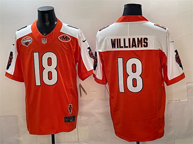 Men's Chicago Bears #18 Caleb Williams Orange White F.U.S.E. 2025 NFC North Champions & VMH Patch Vapor Untouchable Limited Stitched Football Jersey